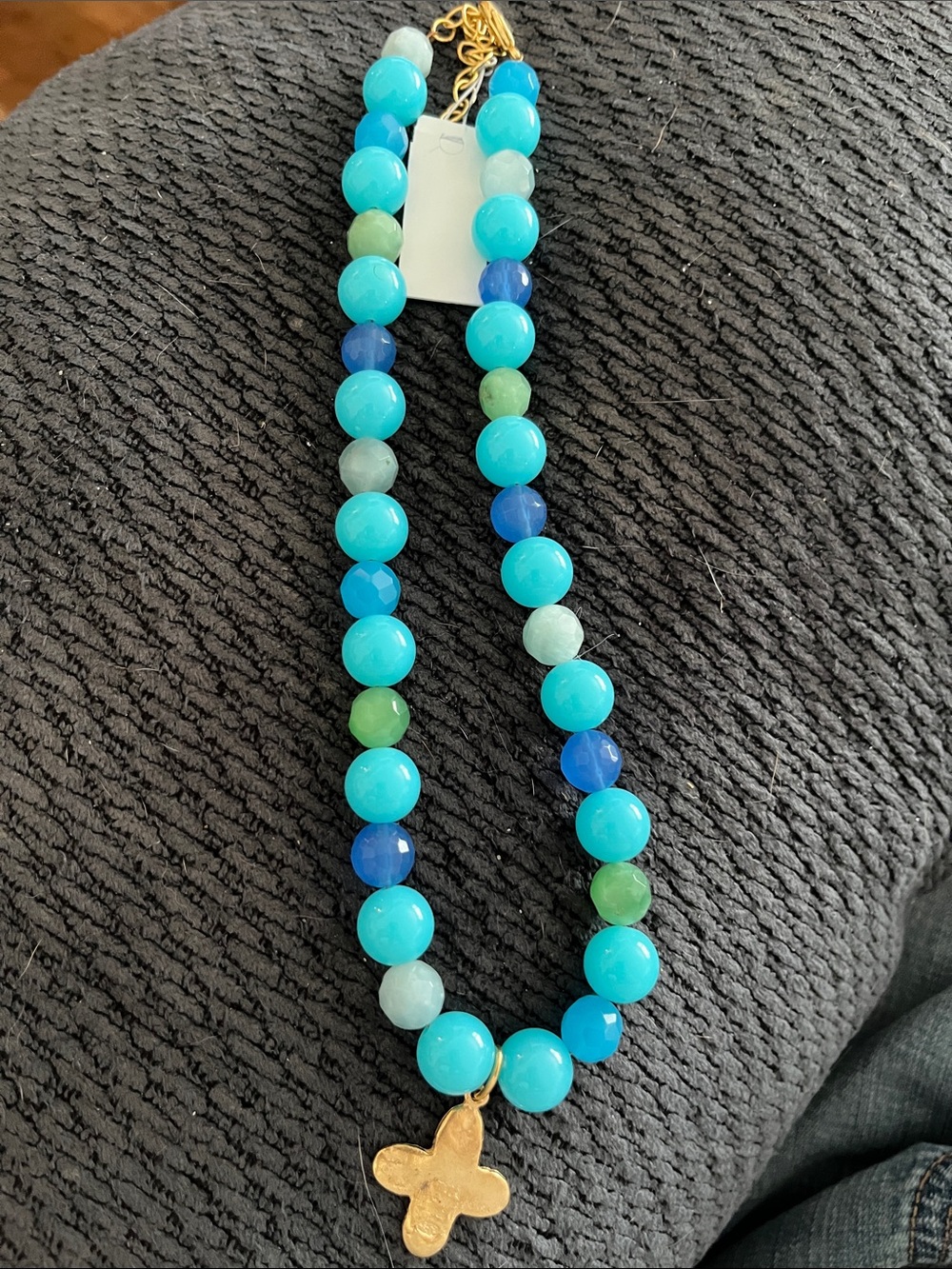 Susan Shaw Gold Cross Pendant Aqua & Blue Beaded Necklace - NWT